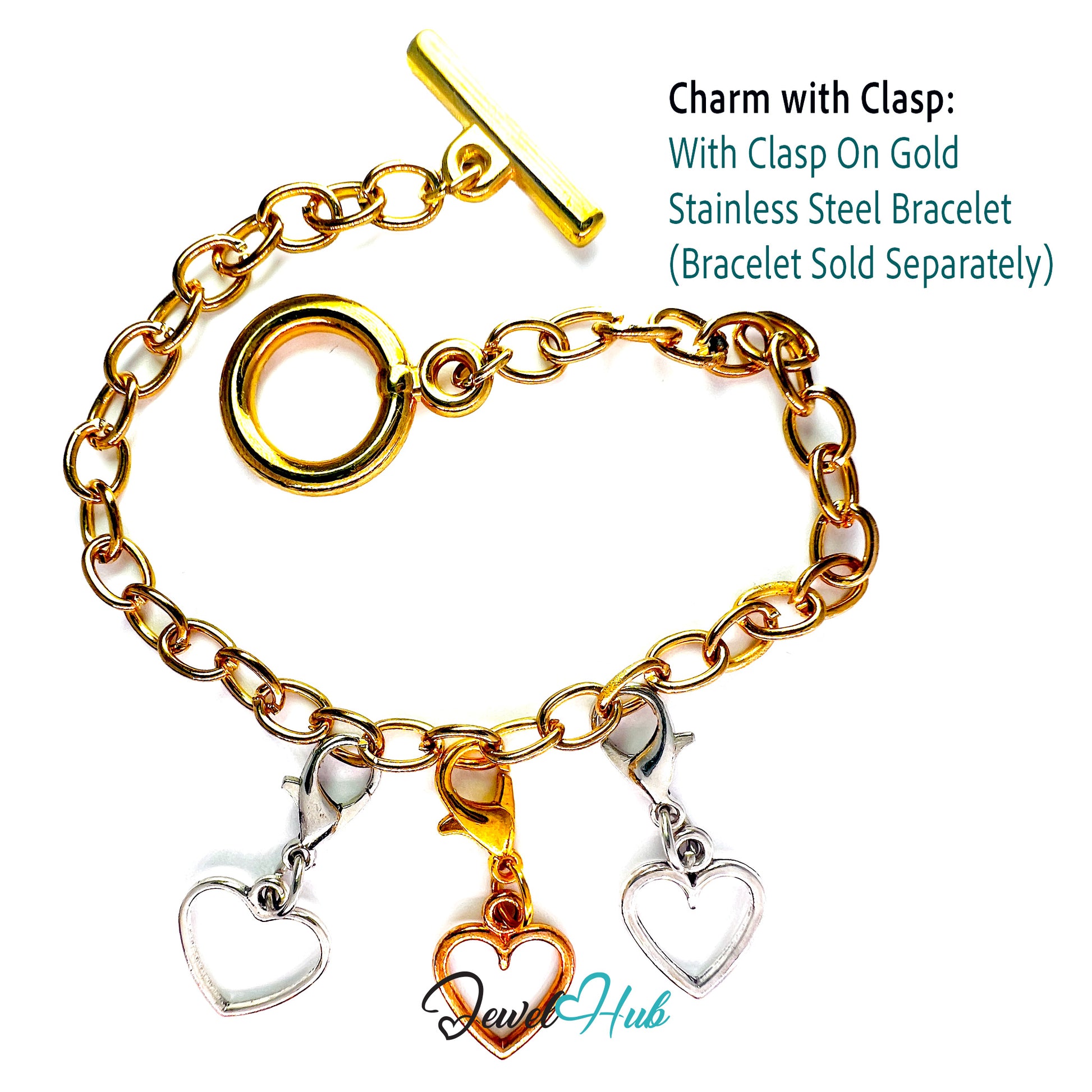 Gold charm with clasp on gold stainless steel bracelet, with text indicating bracelet sold separately.