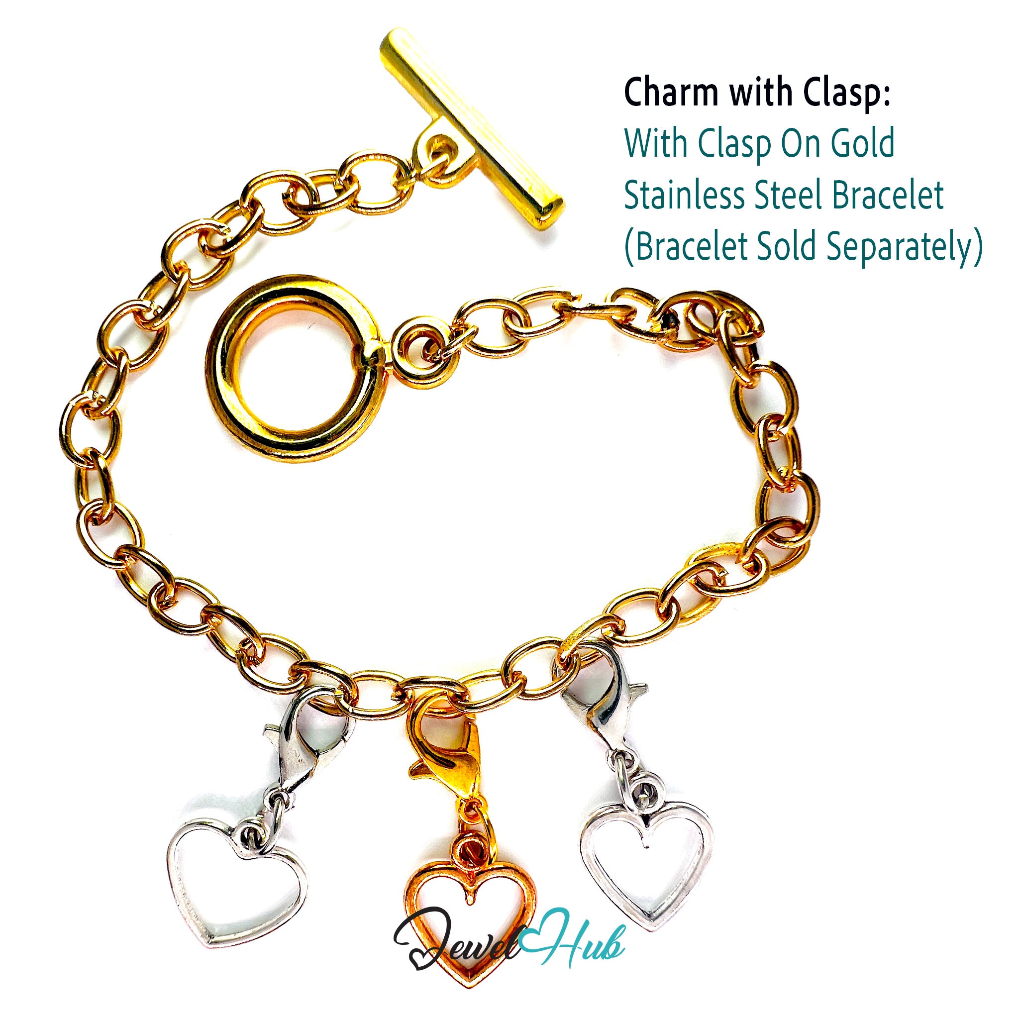 Gold charm with clasp on gold stainless steel bracelet, with text indicating bracelet sold separately.