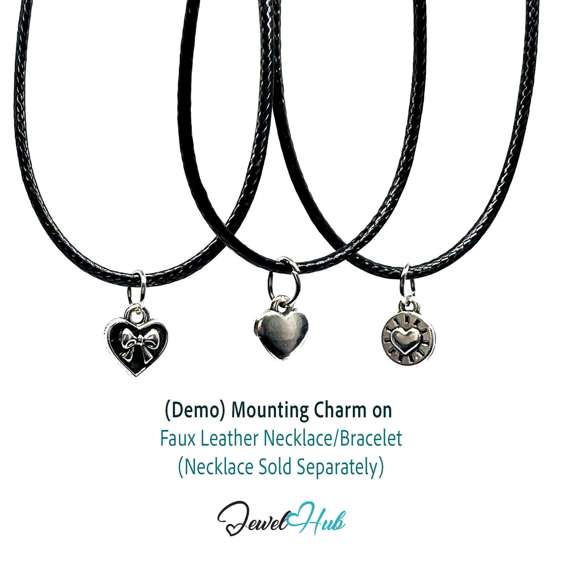 Three black faux leather necklaces with heart-shaped charms on a white background, with text indicating a 'Demo' mounting charm.