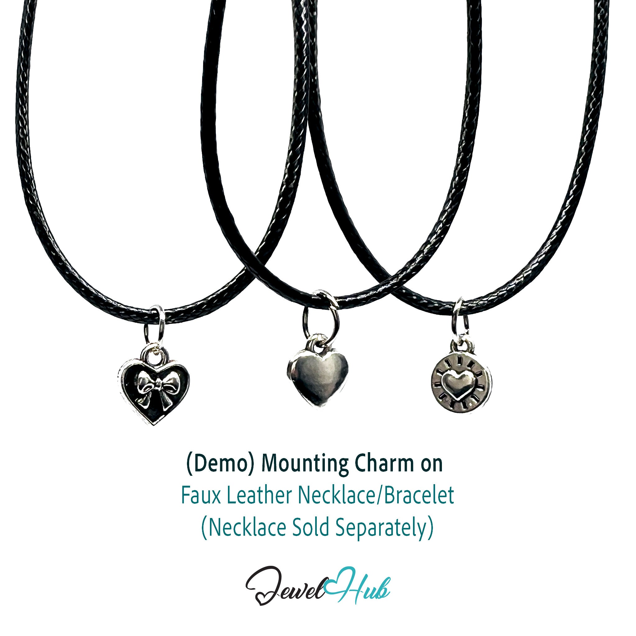 Three black faux leather necklaces with heart-shaped charms on a white background, with text indicating a 'Demo' mounting charm.