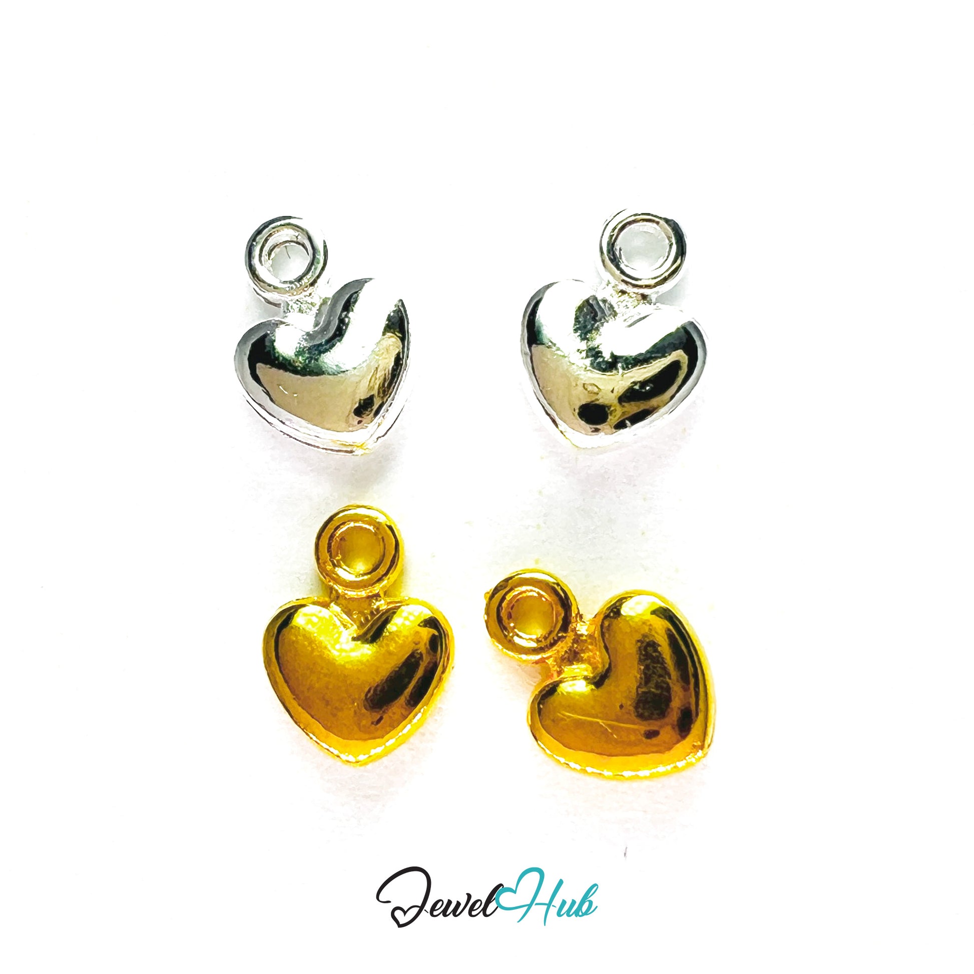Heart-shaped gold and silver earrings on a white background with 'Jewel Hub' branding.