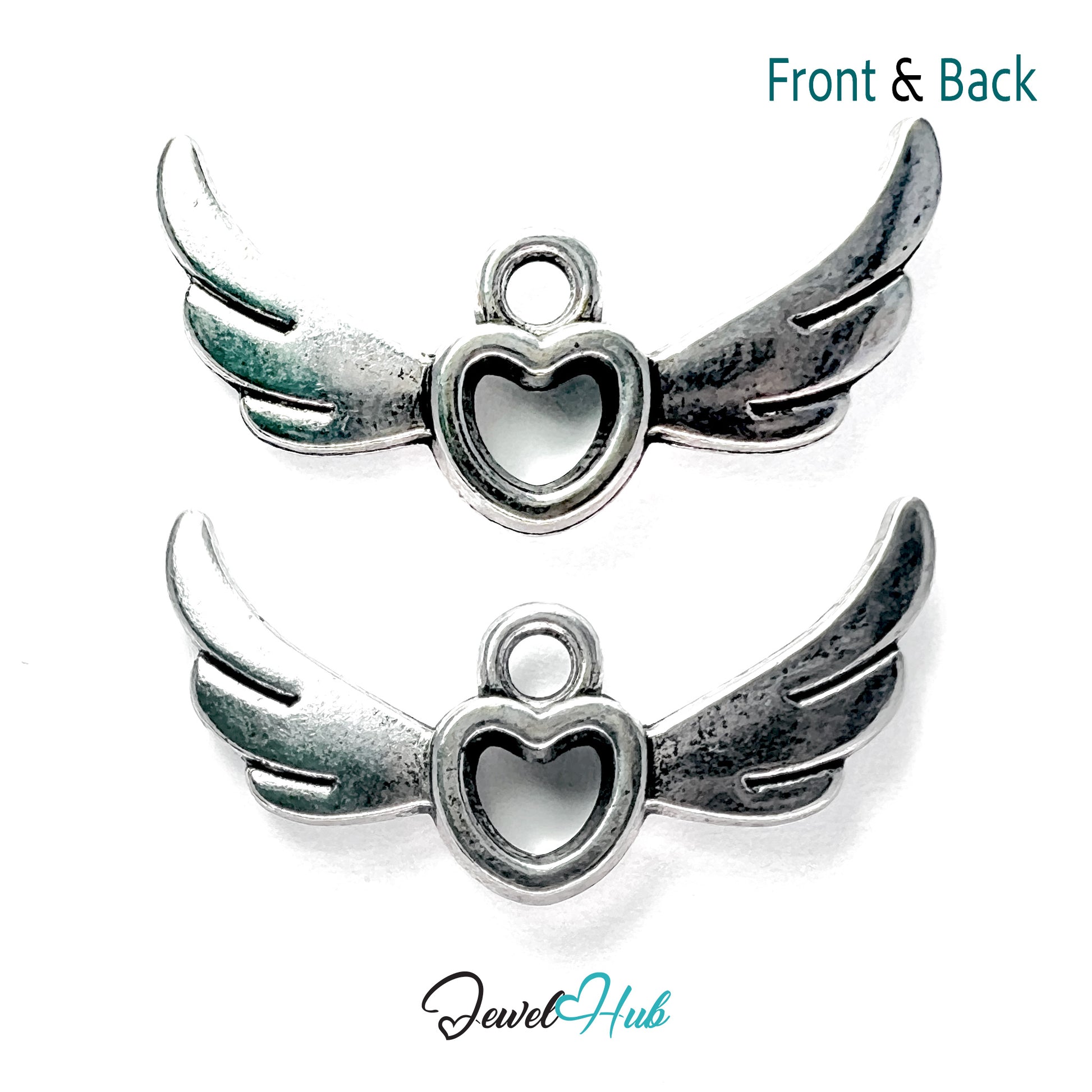 Silver angel wing pendant with heart in the center on a white background, labeled 'Jewel Hub'.