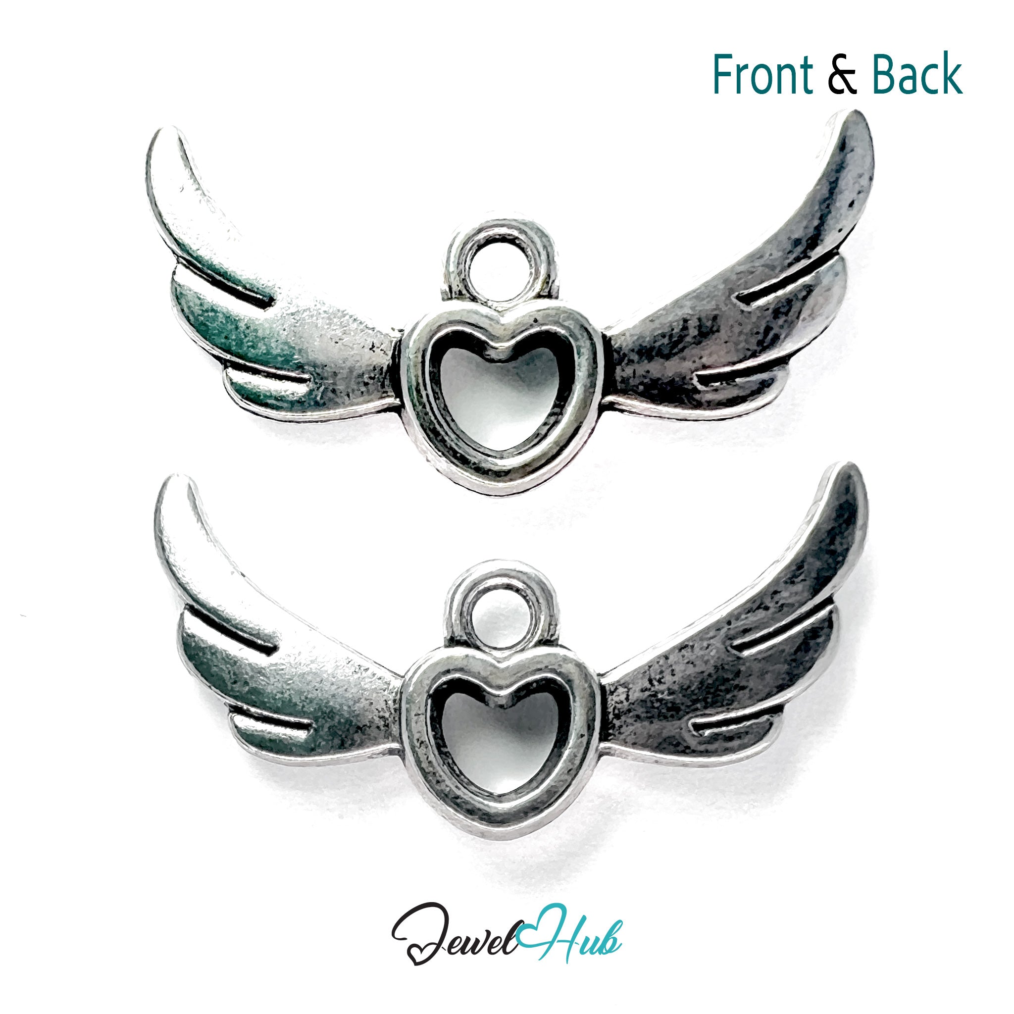 Silver angel wing pendant with heart in the center on a white background, labeled 'Jewel Hub'.