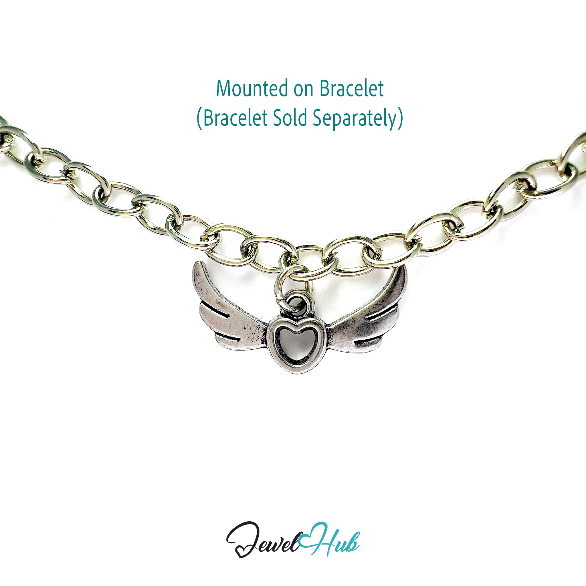 Silver winged heart charm on a chain with text indicating it is mounted on a bracelet, sold separately.