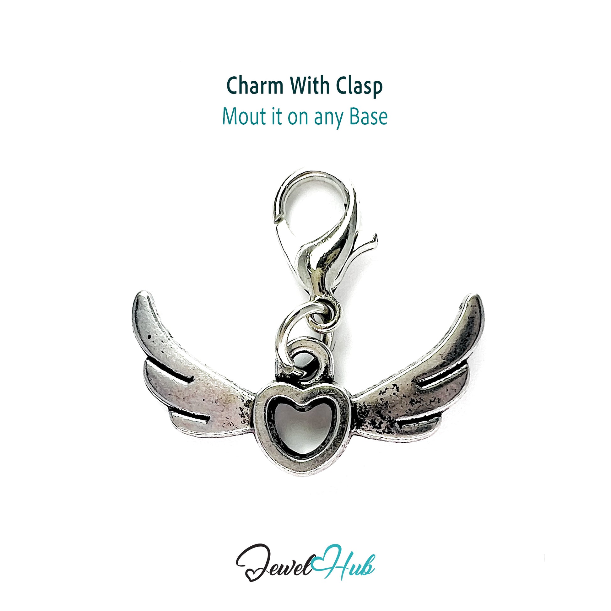 Silver charm with wings and a heart in the center on a white background, branded 'Jewel Hub'.