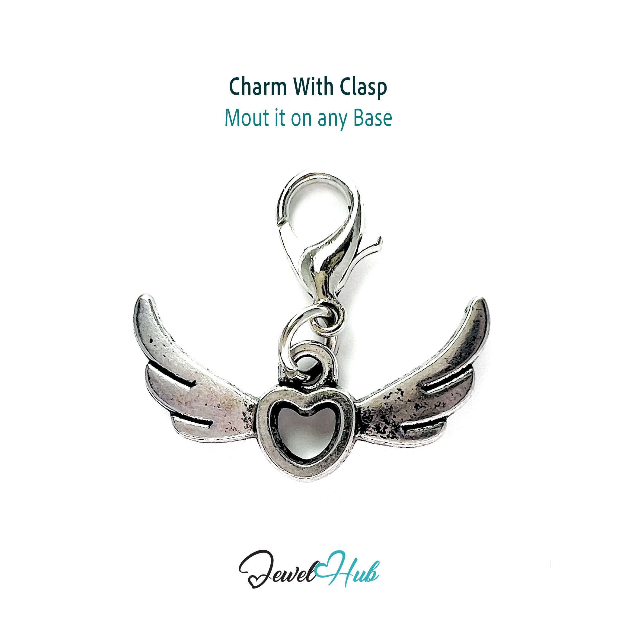 Silver charm with wings and a heart in the center on a white background, branded 'Jewel Hub'.