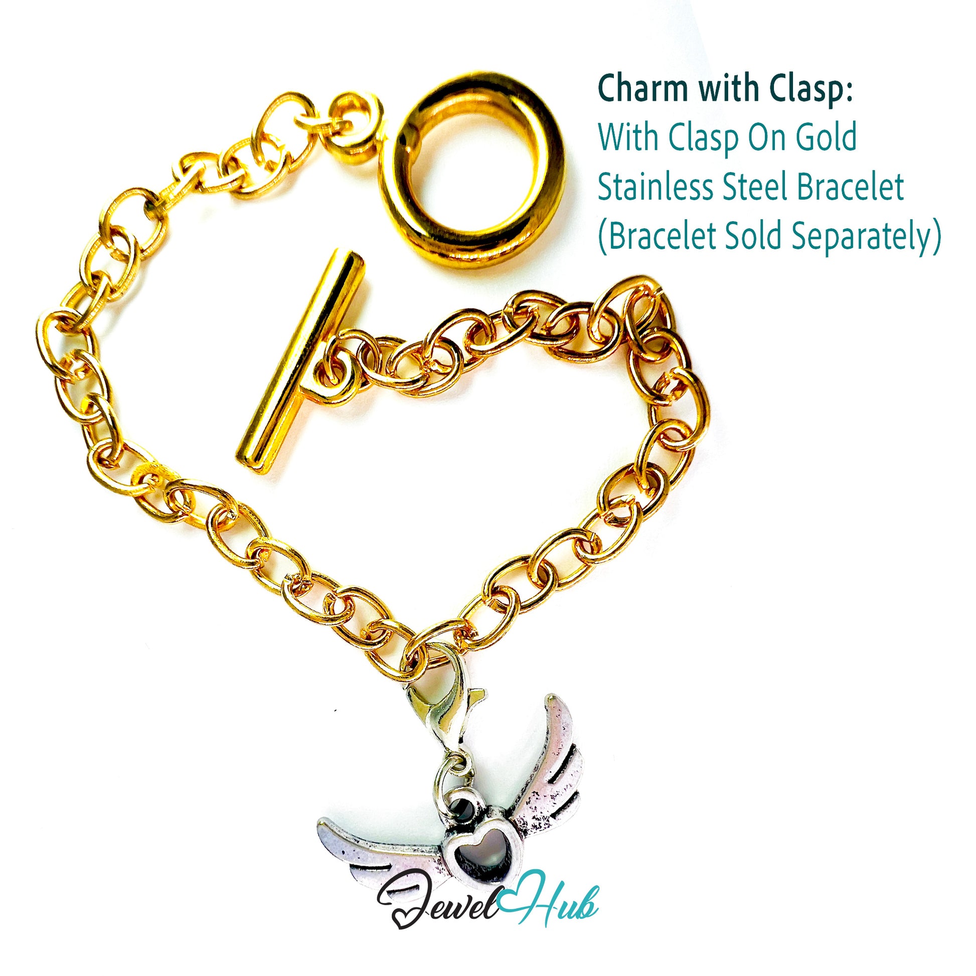 Gold charm with clasp on gold stainless steel bracelet, Jewel Hub branding visible
