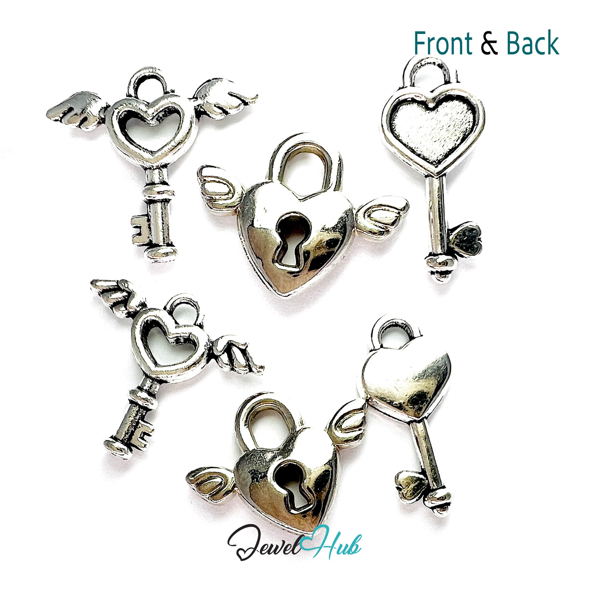 Silver heart-shaped key and lock charms on a white background with 'Jewel Hub' branding.
