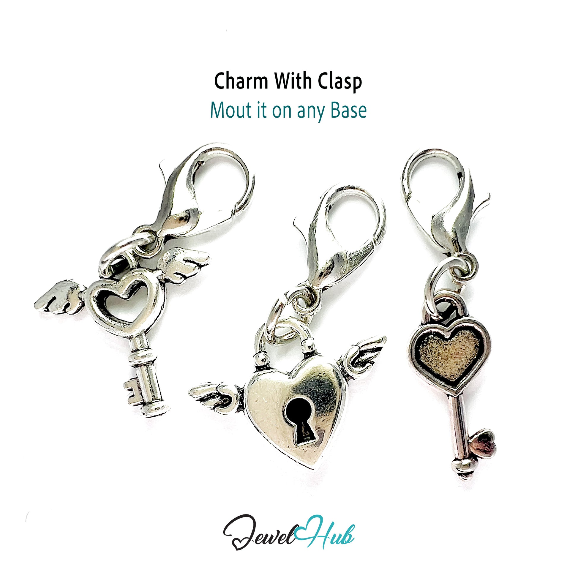 Three silver charms with clasp on a white background, featuring a heart, key, and lock design.