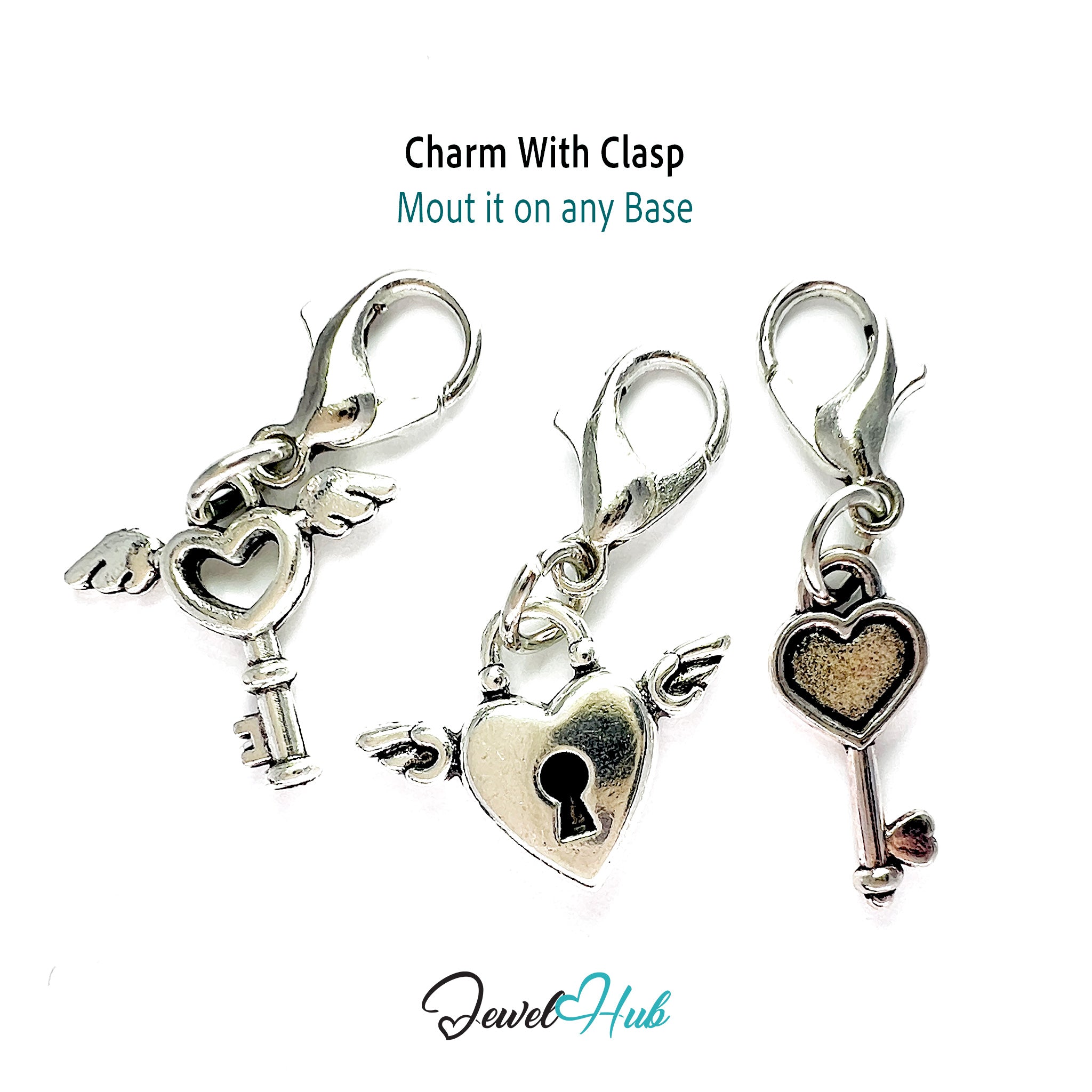 Three silver charms with clasp on a white background, featuring a heart, key, and lock design.