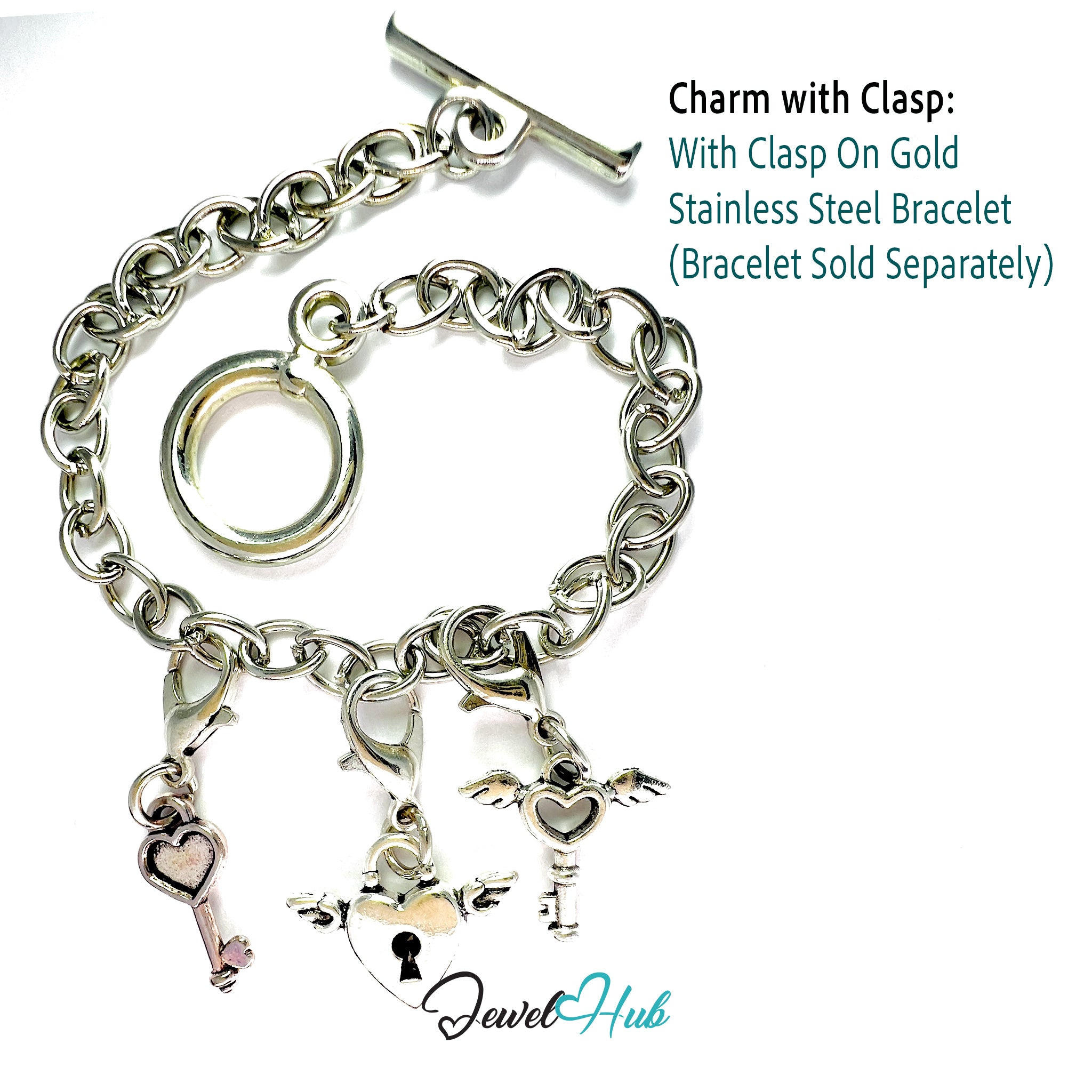 Silver charm bracelet with clasp on gold stainless steel bracelet, Jewel Hub branding.