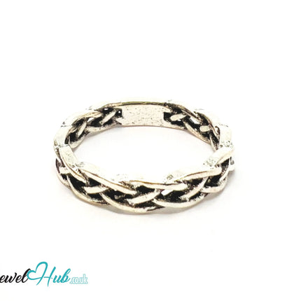 ⛓️ Silver Rope Chain Ring – Zinc Alloy · UK M · US 6.5 · Braided Punk Motif · Matte Silver Finish CA