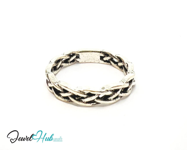 ⛓️ Silver Rope Chain Ring – Zinc Alloy · UK M · US 6.5 · Braided Punk Motif · Matte Silver Finish CA