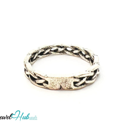 ⛓️ Silver Rope Chain Ring – Zinc Alloy · UK M · US 6.5 · Braided Punk Motif · Matte Silver Finish CA