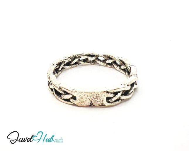 ⛓️ Silver Rope Chain Ring – Zinc Alloy · UK M · US 6.5 · Braided Punk Motif · Matte Silver Finish CA