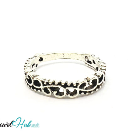 ⛓️ Silver Filigree Rebel Ring – Zinc Alloy · UK N · US 7 · Ornate Engraved Motif · Brushed Silver Finish CA
