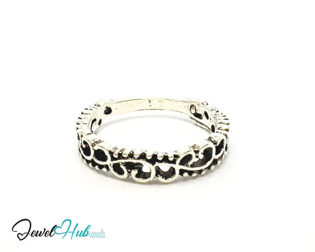 ⛓️ Silver Filigree Rebel Ring – Zinc Alloy · UK N · US 7 · Ornate Engraved Motif · Brushed Silver Finish CA