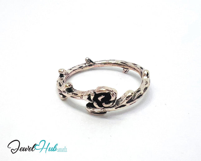 ⛓️ Rose-Tone Floral Rebel Ring – Zinc Alloy · UK M · US 6.5 · Sculptural Vine & Bloom Motif · Metallic Rosy Finish CA