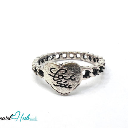 ⛓️ Silver “Love You” Heart Ring – Zinc Alloy · UK O · US 7.5 · Sculptural Heart Motif · Brushed Silver Finish CA