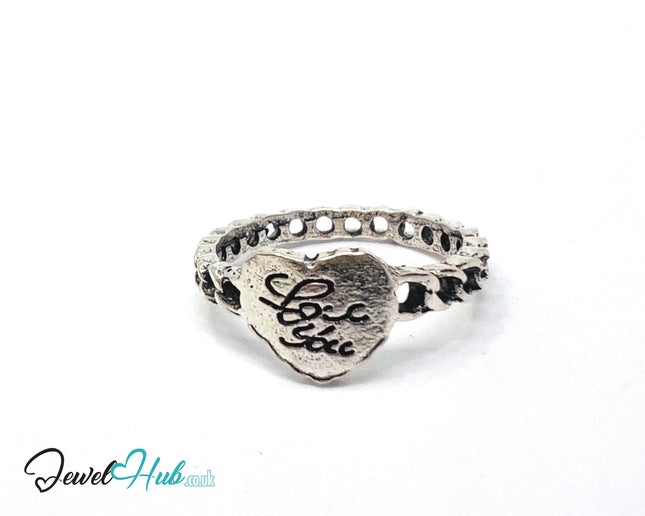 ⛓️ Silver “Love You” Heart Ring – Zinc Alloy · UK O · US 7.5 · Sculptural Heart Motif · Brushed Silver Finish CA