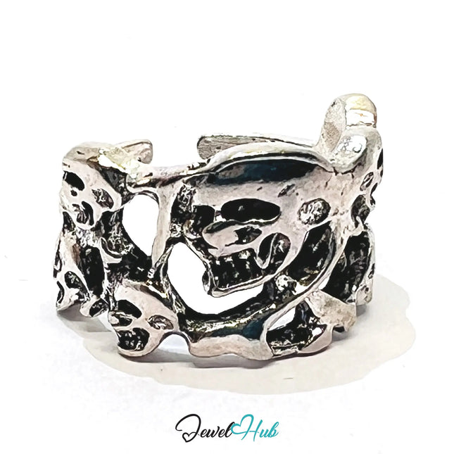 Silver Skull Pattern Punk Ring – Fixed Size K | 3.90g Sculptural Band of Rebellion & Identity CA