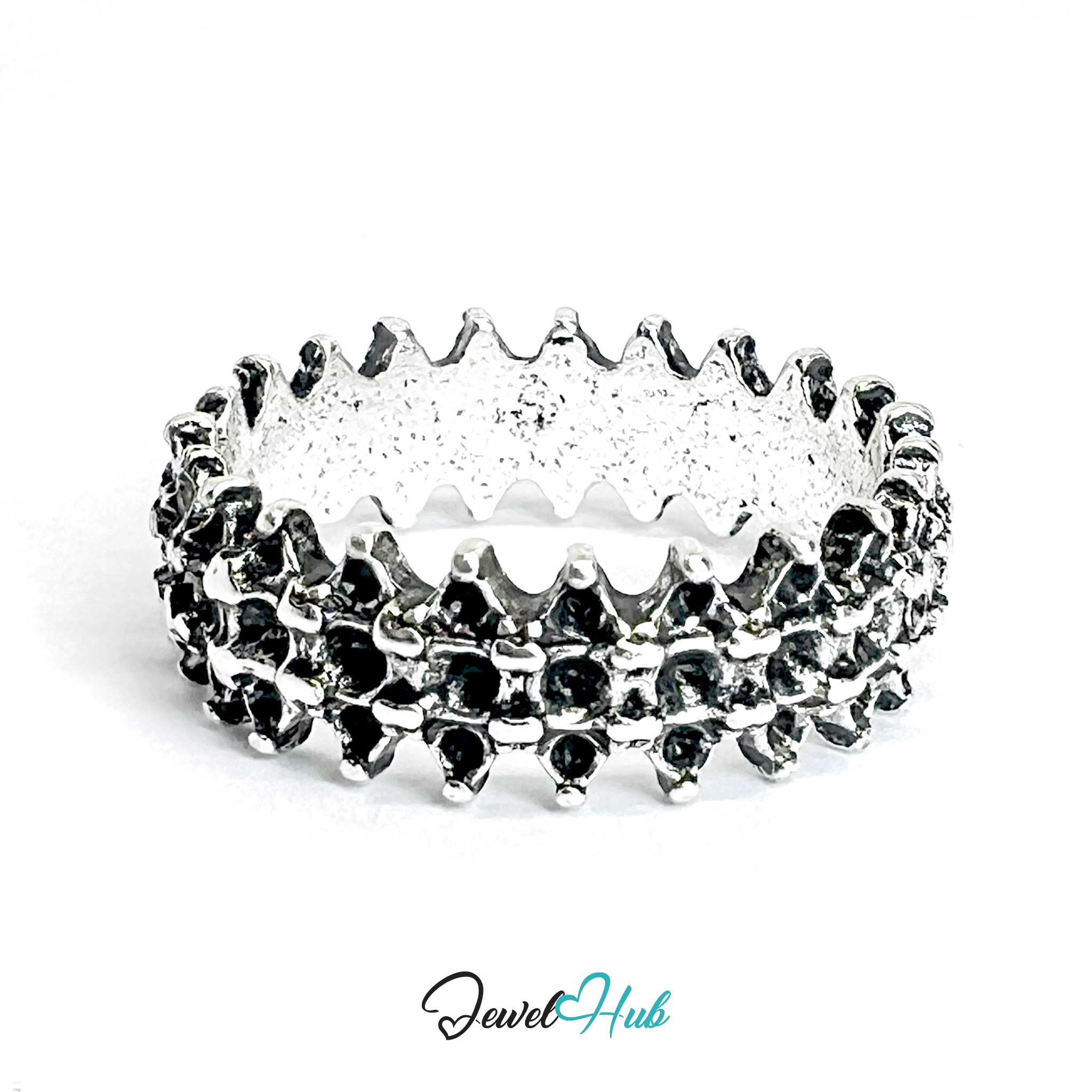 Zinc Alloy Silver‑Plated Punk Ring – Textured Spiked Band