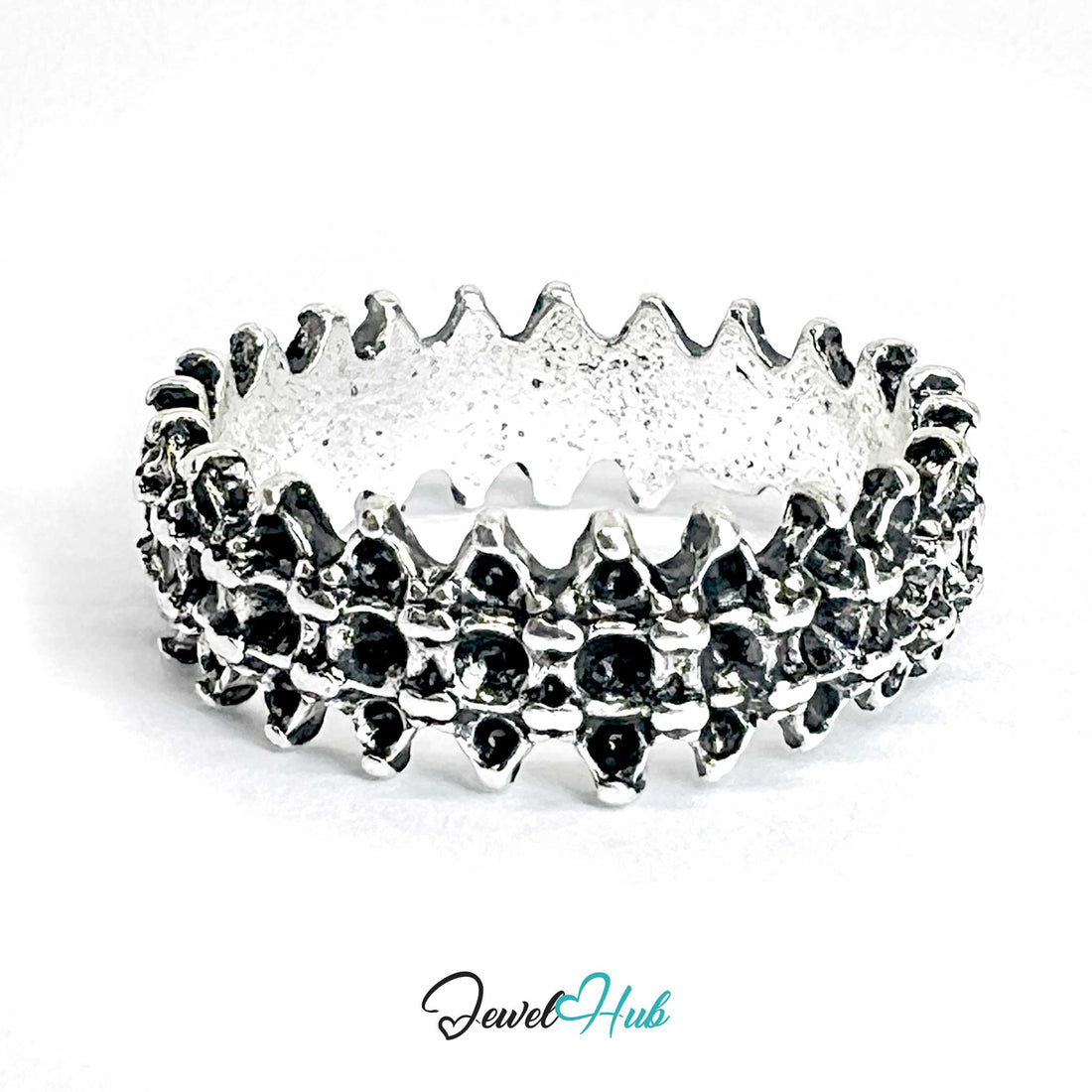 Zinc Alloy Silver‑Plated Punk Ring – Textured Spiked Band