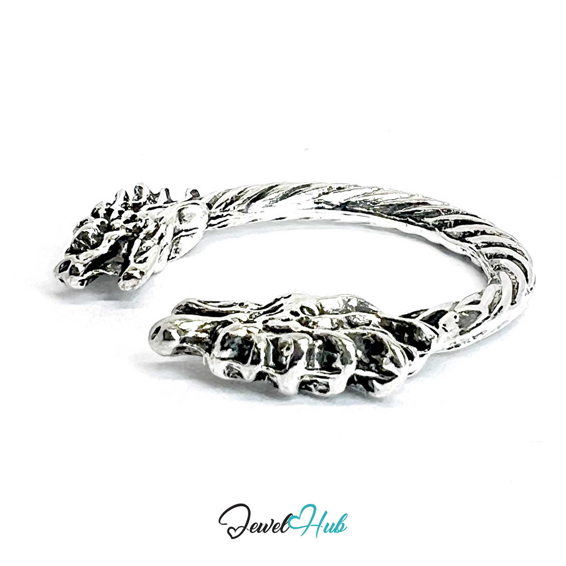 Zinc Alloy Silver‑Plated Punk Ring – Double Dragon Claw Open Band