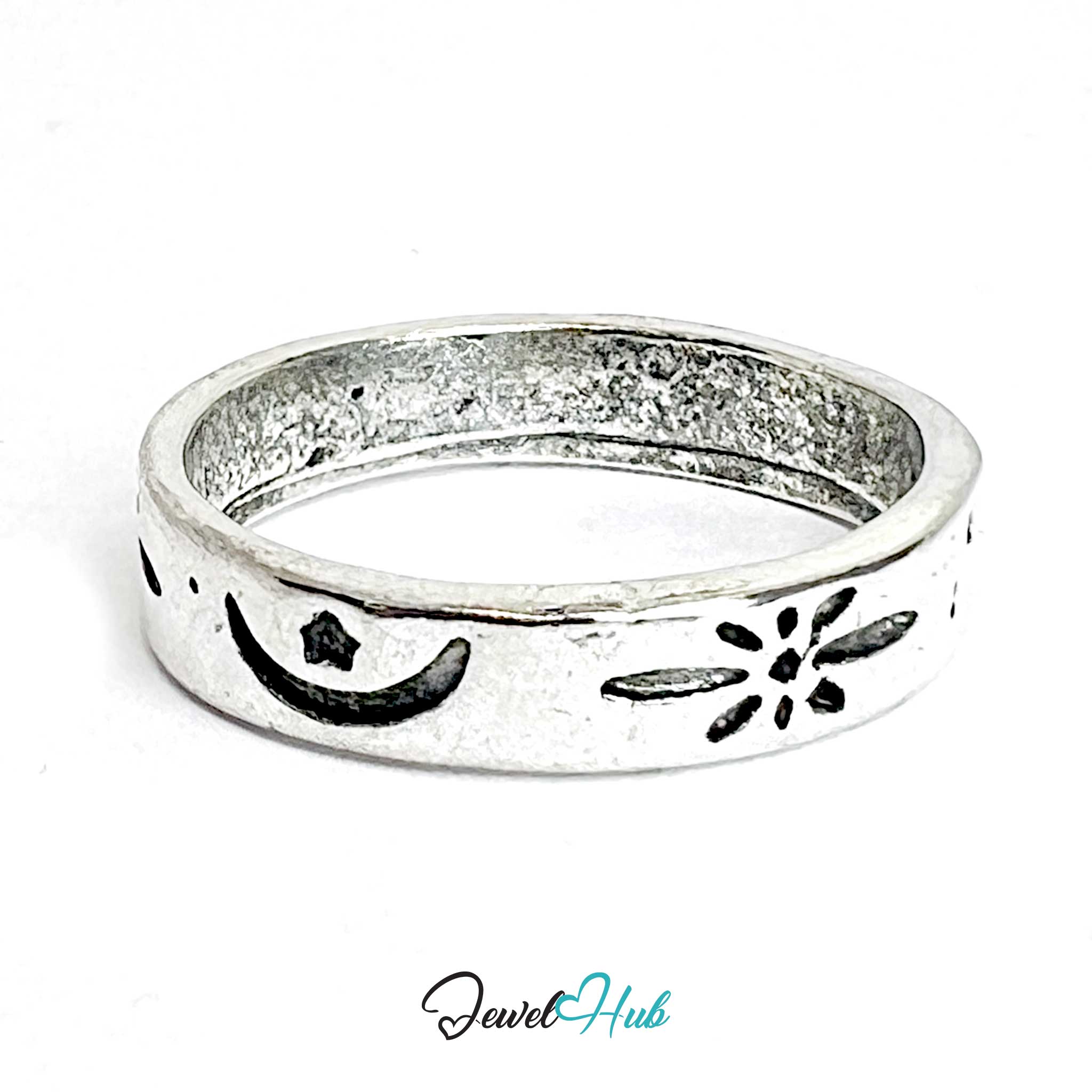 Zinc Alloy Silver‑Plated Punk Ring – Moon & Star Symbol Band