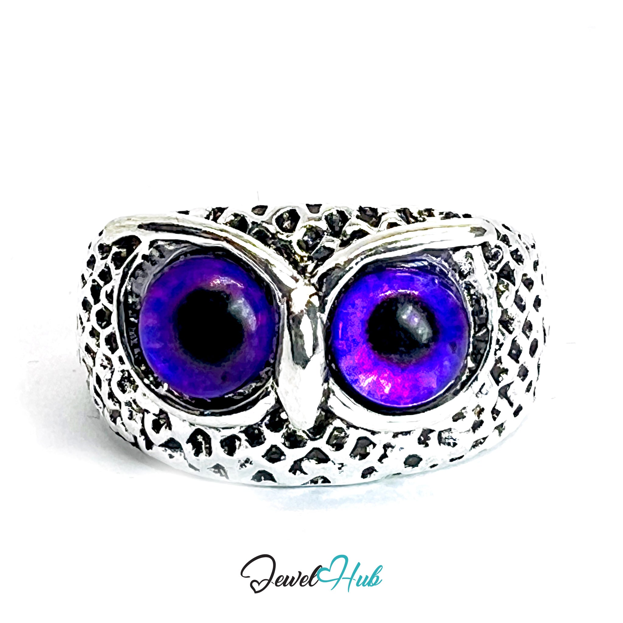 Zinc Alloy Silver‑Plated Punk Ring – Purple Mystique Cat Eyes Open Cuff