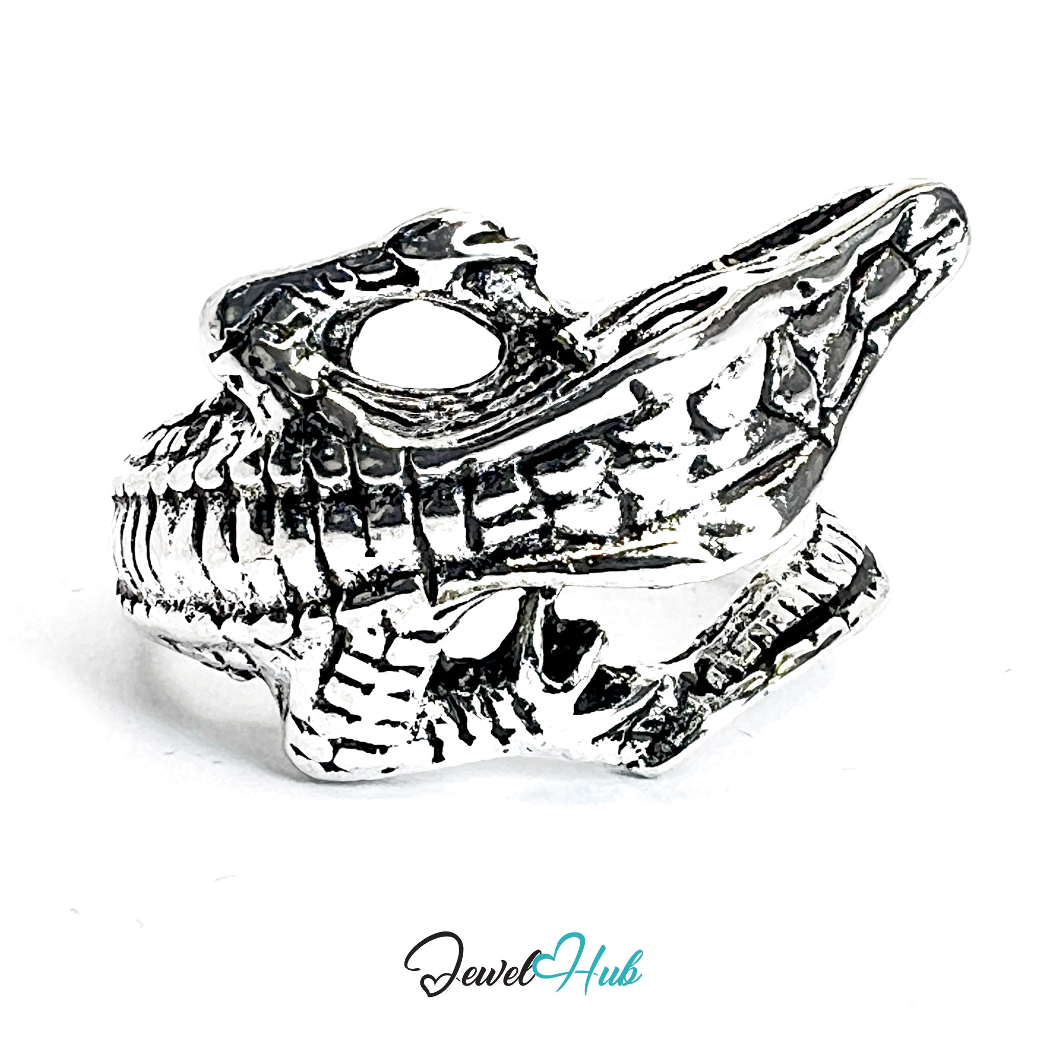 Zinc Alloy Silver‑Plated Punk Ring – Crocodile Skull Jaw Oversized Cuff