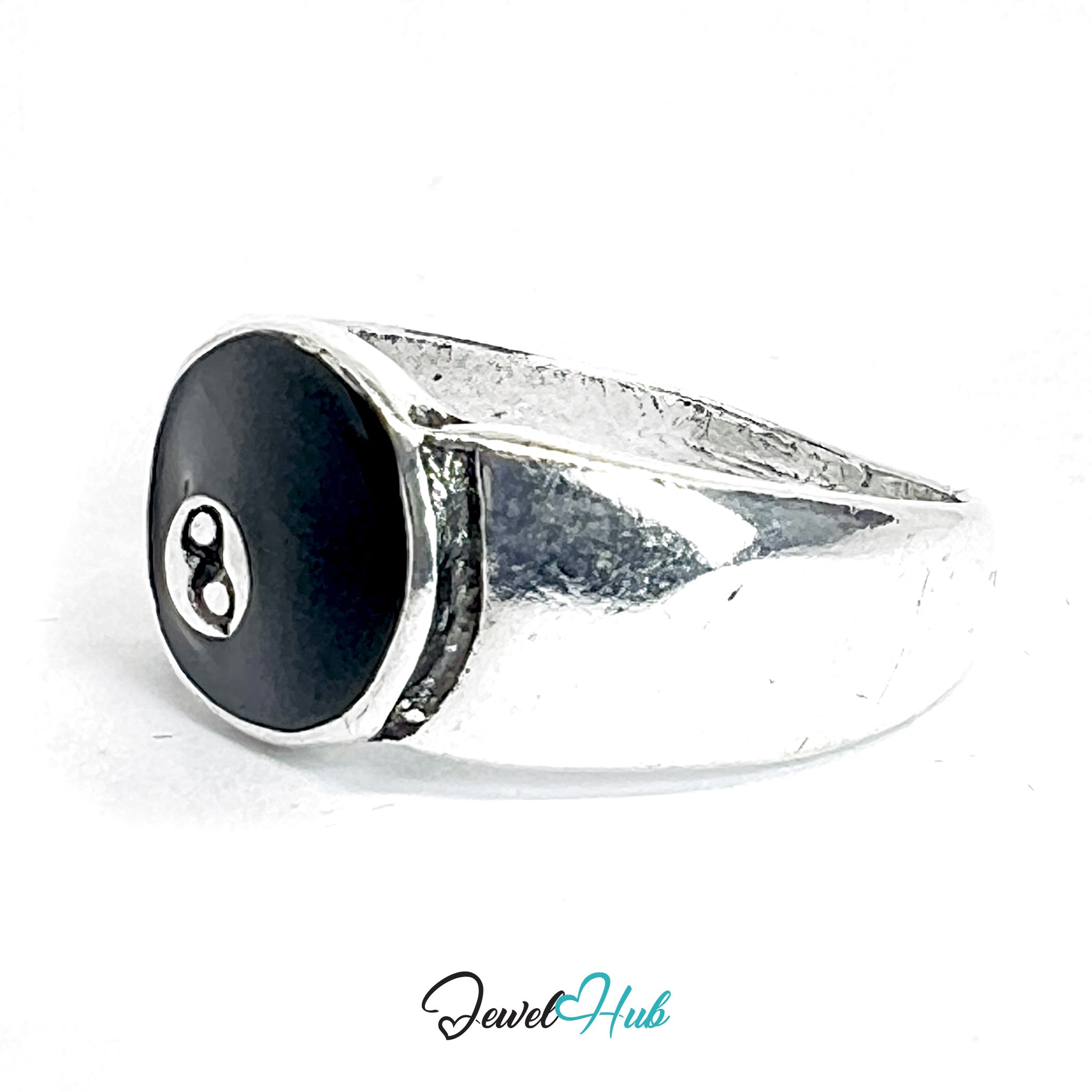 Zinc Alloy Silver‑Plated Punk Ring – 8-Ball Fate Signet Cuff