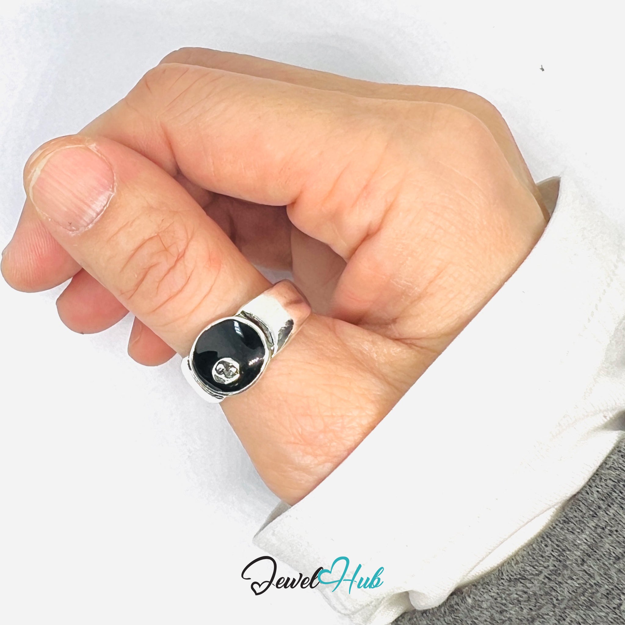 Zinc Alloy Silver‑Plated Punk Ring – 8-Ball Fate Signet Cuff