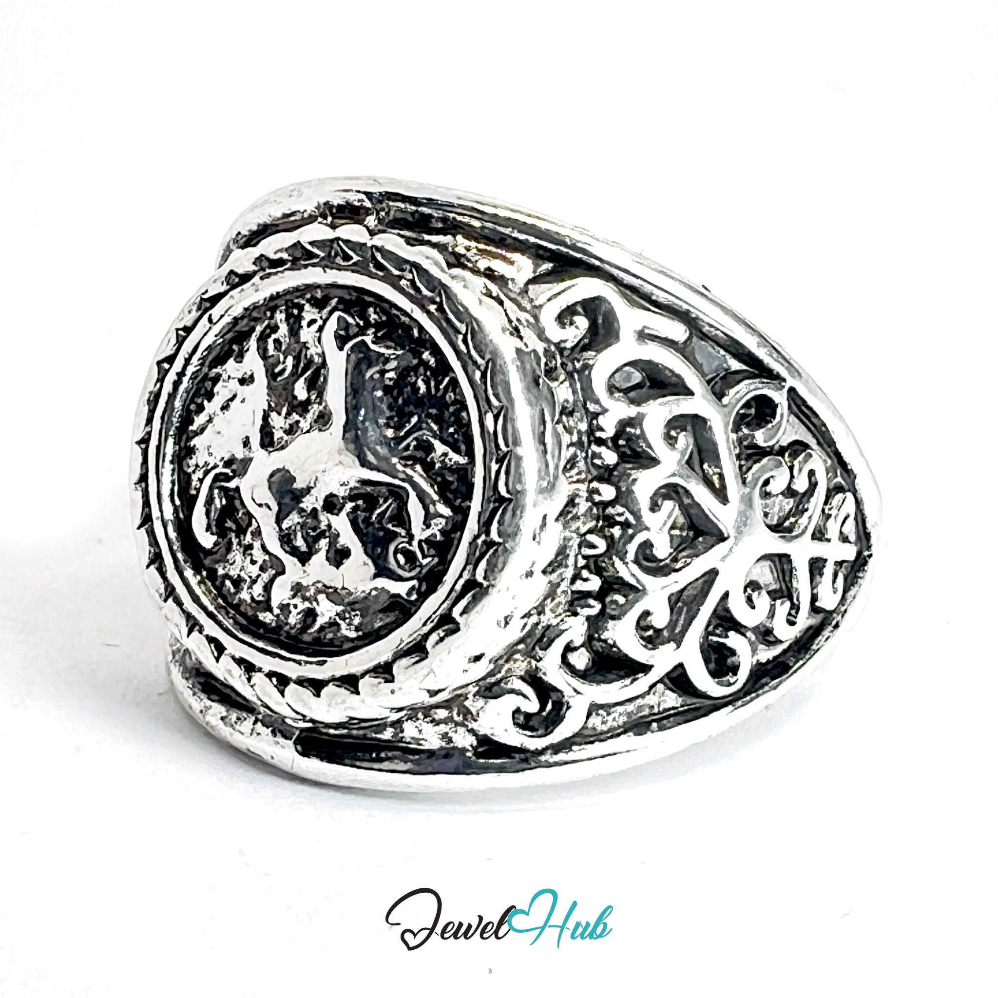 Zinc Alloy Silver‑Plated Punk Ring – Rearing Horse Heraldic Signet
