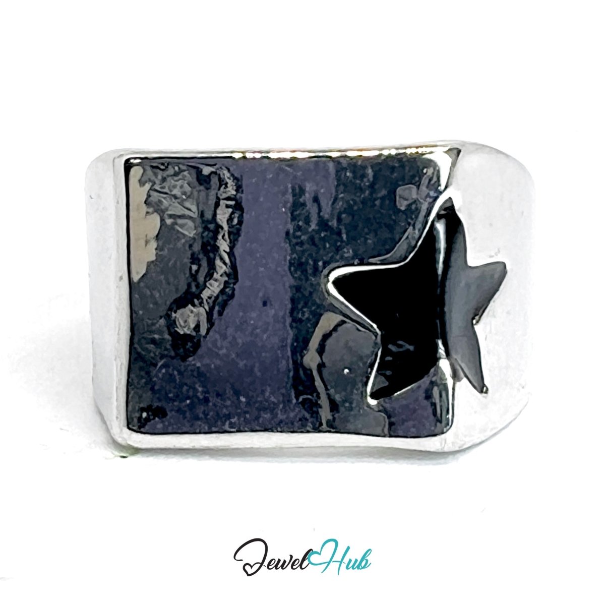 Zinc Alloy Silver‑Plated Punk Ring – Rectangle Black Star Signet - JewelHub.co.uk