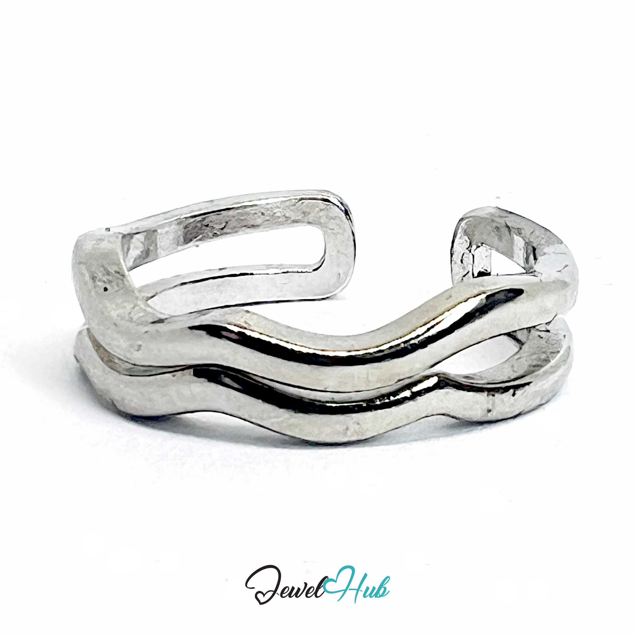 Silver-Plated Layered Wave Zinc Alloy Ring – Double-Wave Band