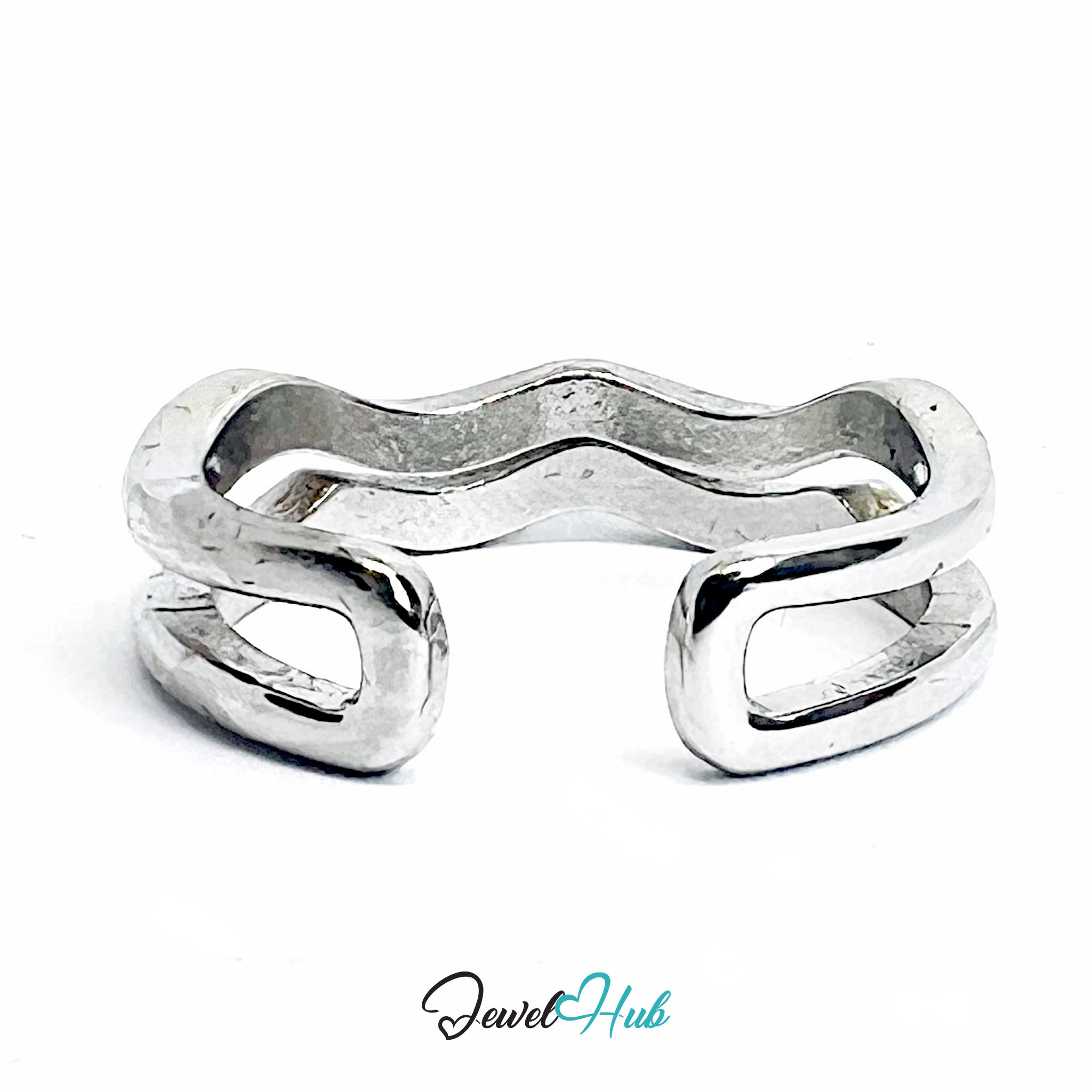 Silver-Plated Layered Wave Zinc Alloy Ring – Double-Wave Band