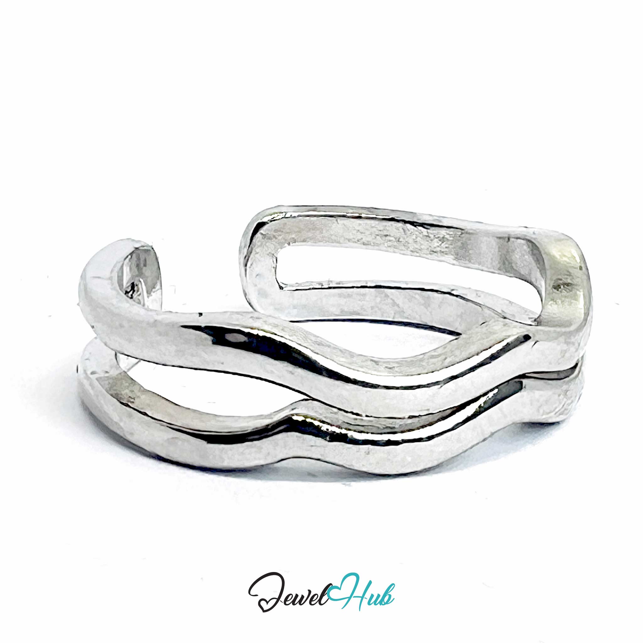 Silver-Plated Layered Wave Zinc Alloy Ring – Double-Wave Band