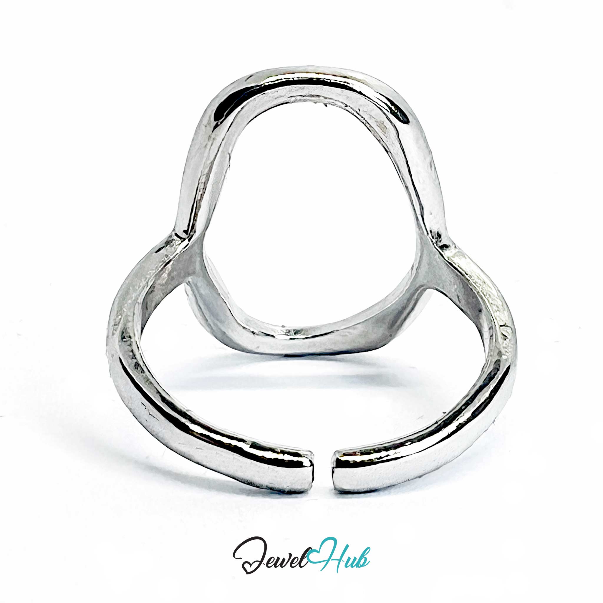 Silver-Plated Hollow Oval Zinc Alloy Ring – Open Form