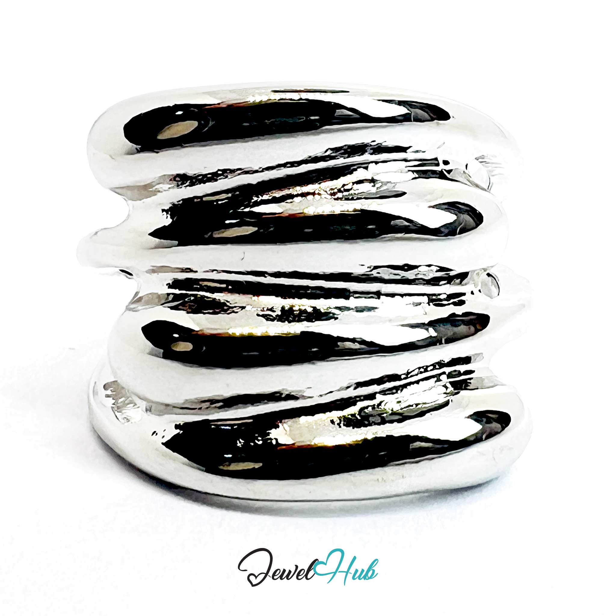 Silver-Plated Layered Band Zinc Alloy Ring – Sculptural Statement Design