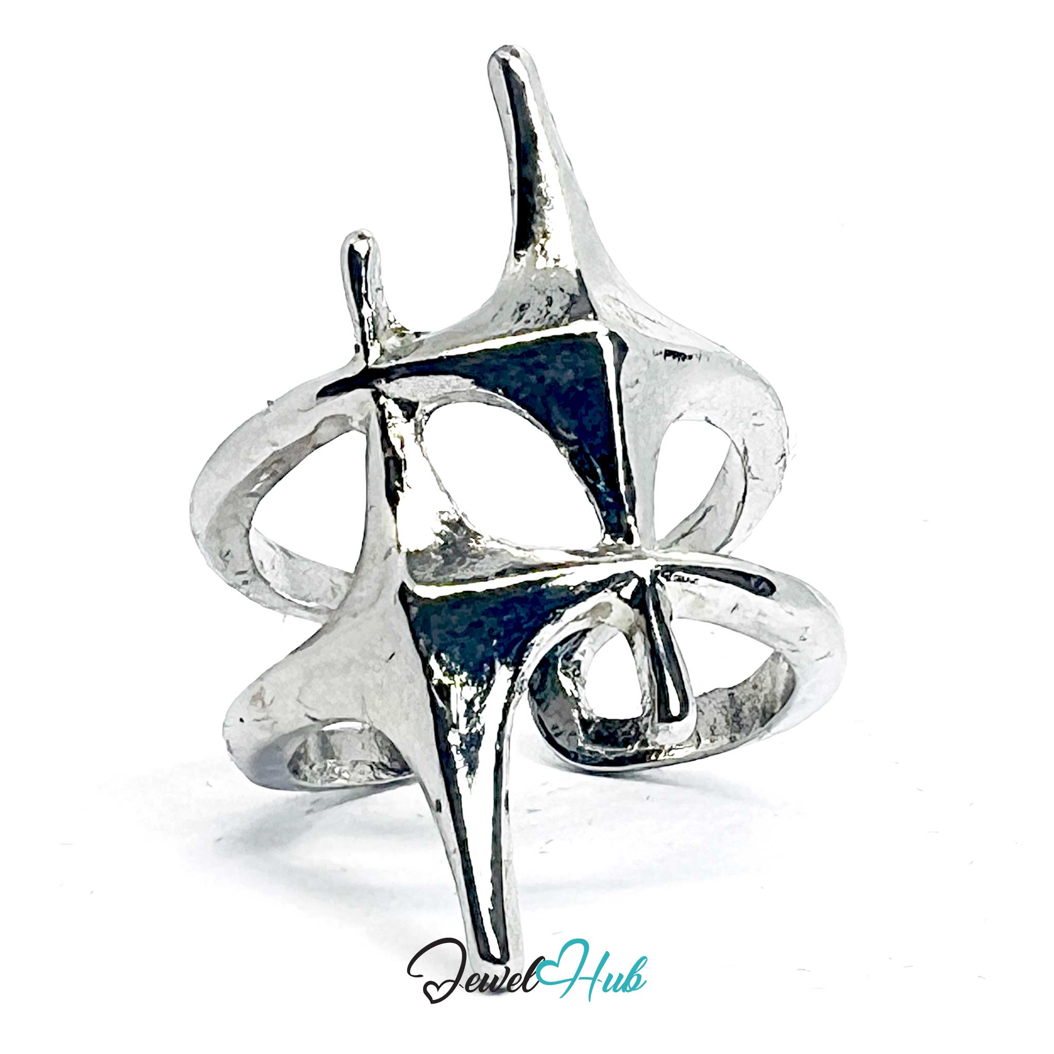 Silver-Plated Two-Star Crossover Zinc Alloy Ring – Bold Sculptural Design