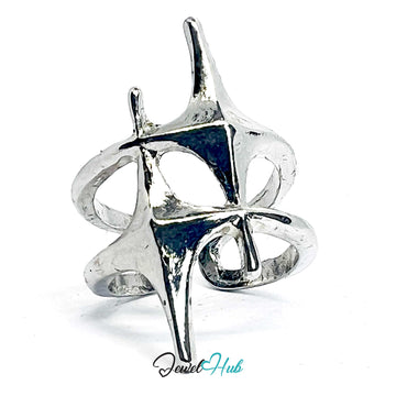 Silver-Plated Two-Star Crossover Zinc Alloy Ring – Bold Sculptural Design