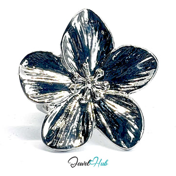 Silver-Plated Sculptural Flower Zinc Alloy Ring – Adjustable Botanical Design