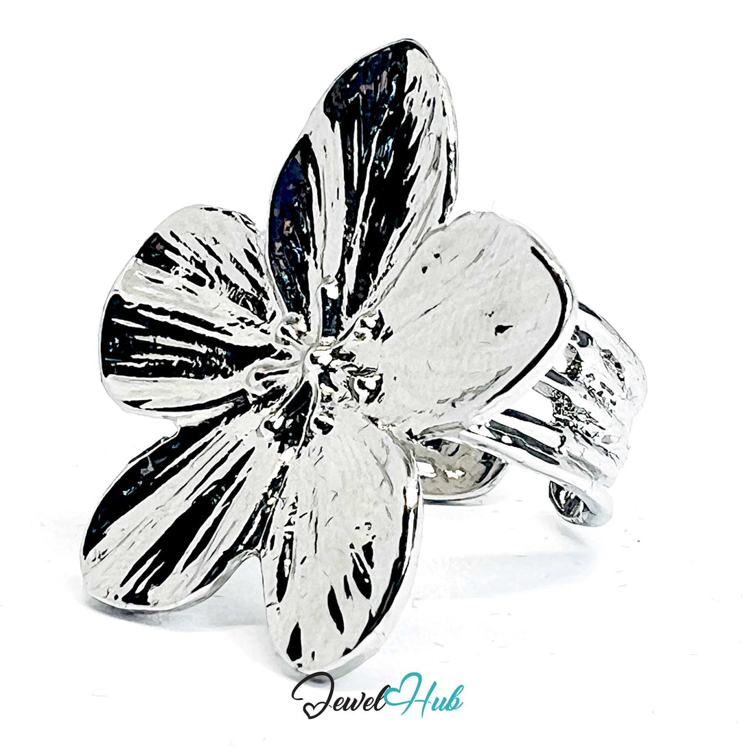 Silver-Plated Sculptural Flower Zinc Alloy Ring – Adjustable Botanical Design