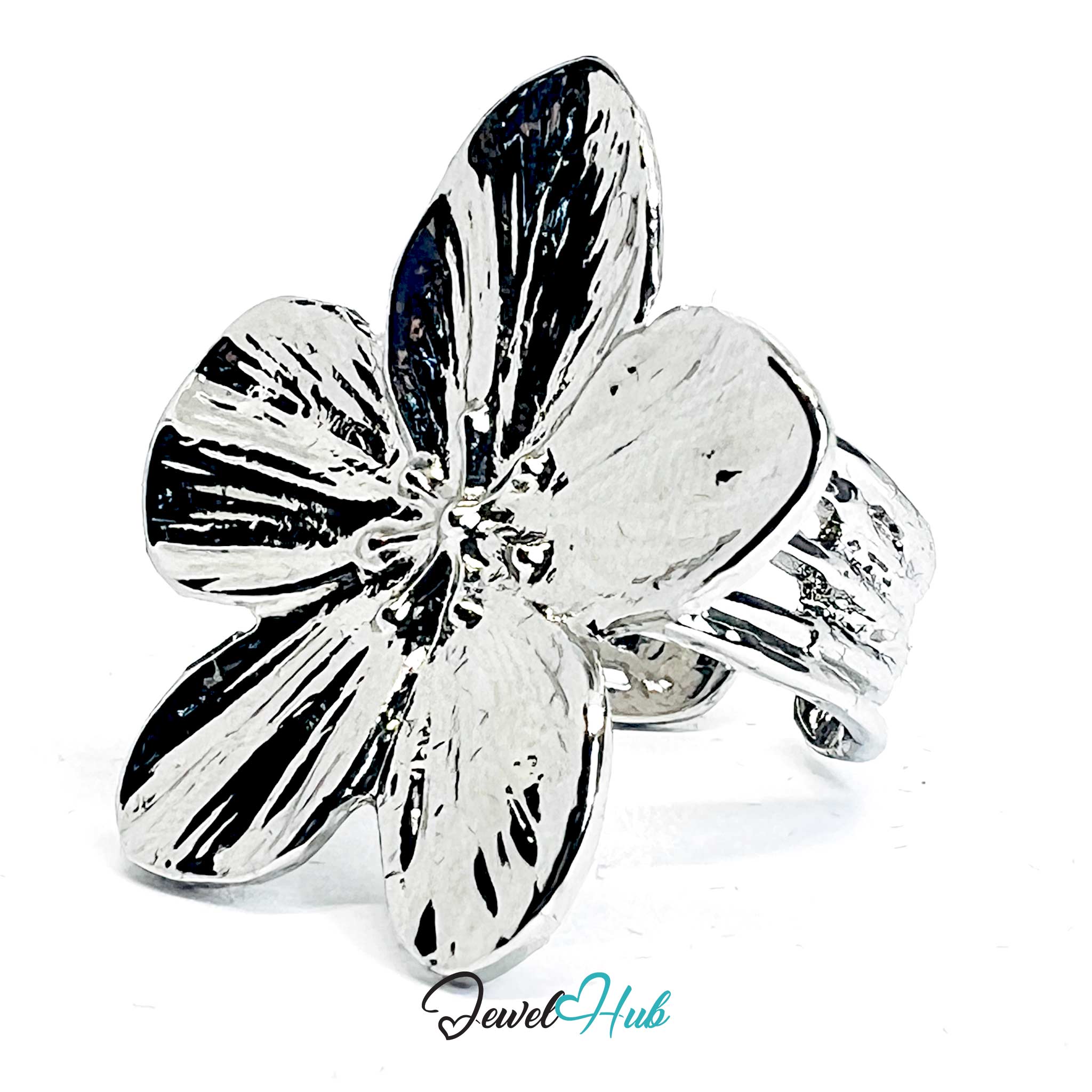 Silver-Plated Sculptural Flower Zinc Alloy Ring – Adjustable Botanical Design