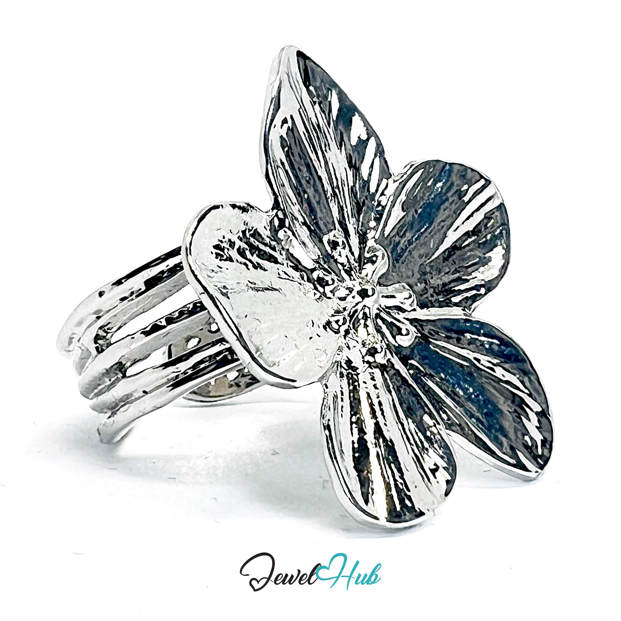 Silver-Plated Sculptural Flower Zinc Alloy Ring – Adjustable Botanical Design