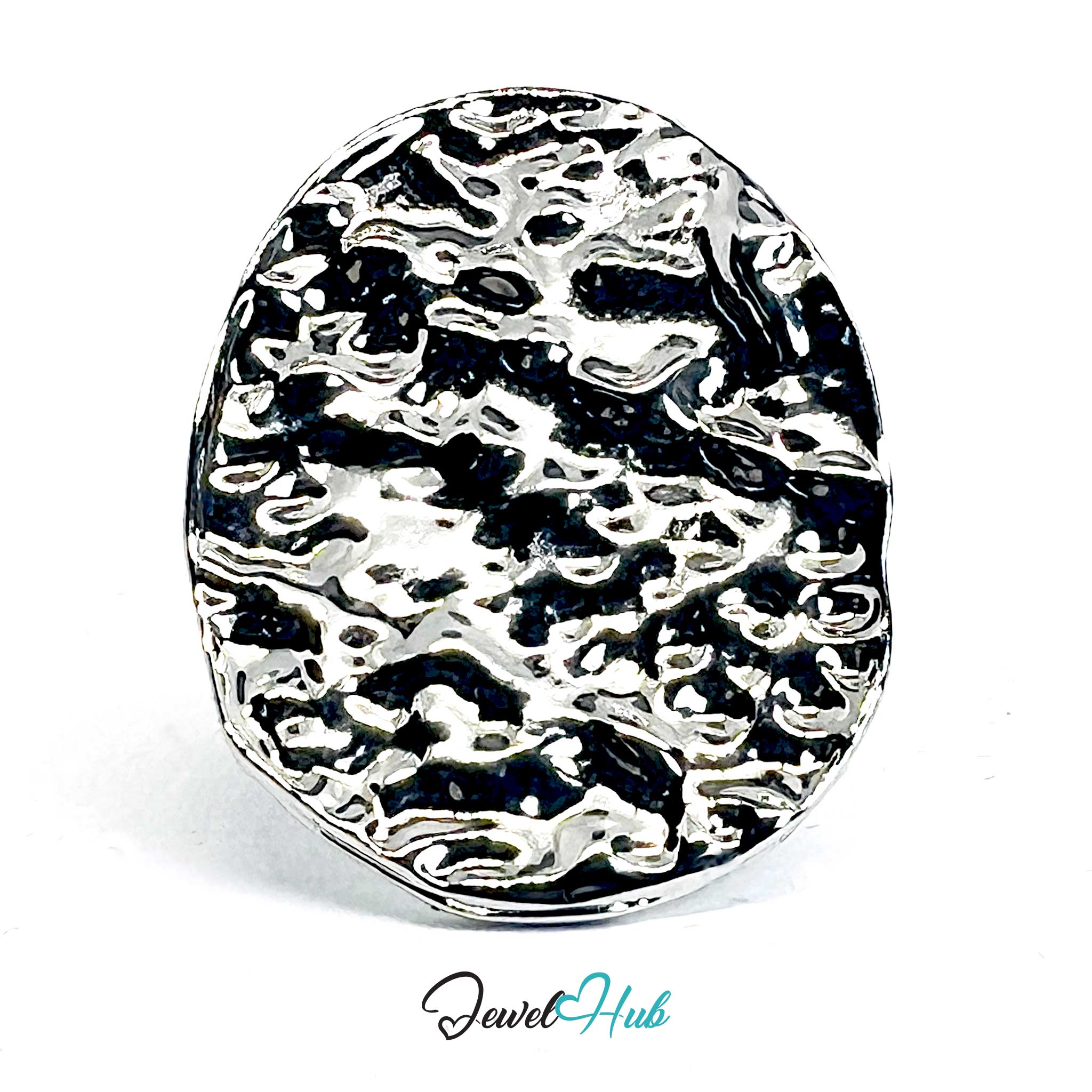 Silver-Plated Crater Oval Zinc Alloy Ring – Sculptural Textured Statement