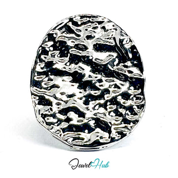 Silver-Plated Crater Oval Zinc Alloy Ring – Sculptural Textured Statement