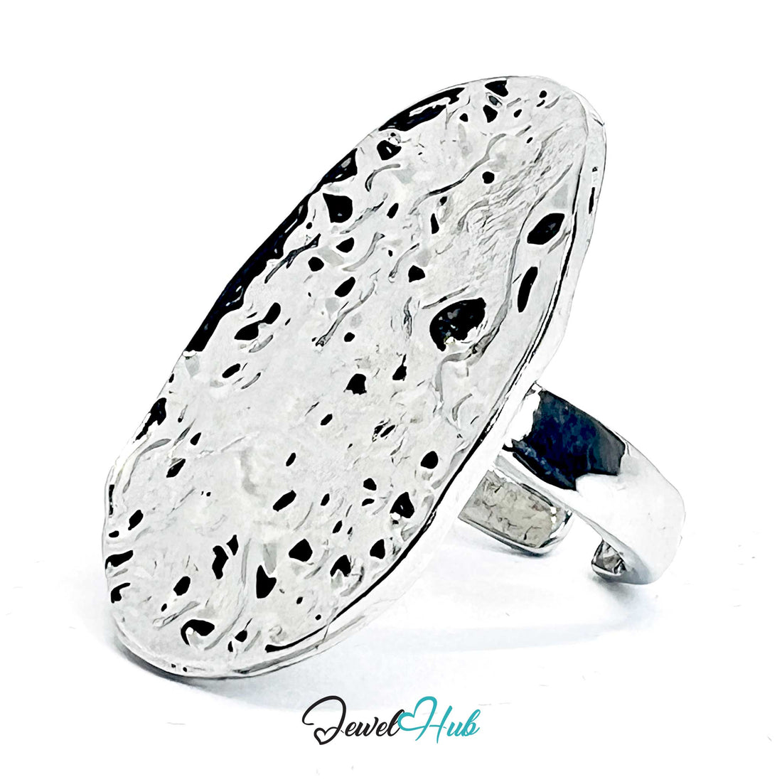 Silver-Plated Crater Oval Zinc Alloy Ring – Sculptural Textured Statement