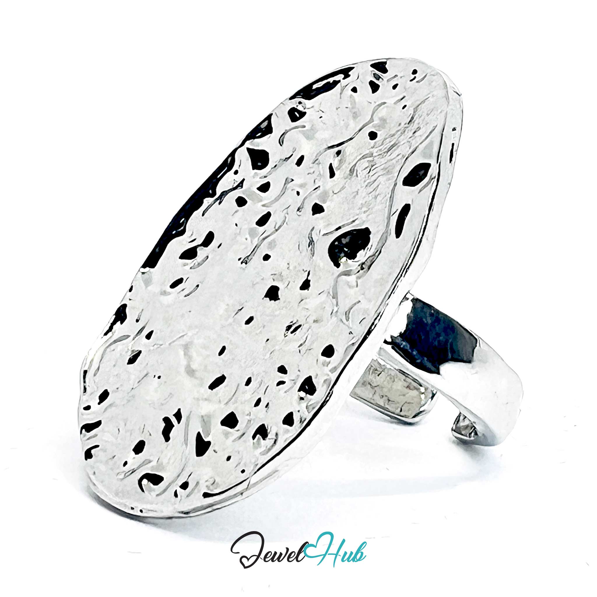 Silver-Plated Crater Oval Zinc Alloy Ring – Sculptural Textured Statement